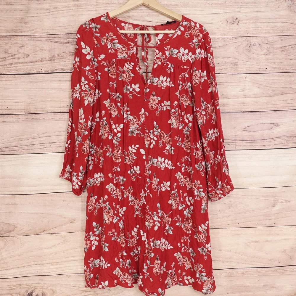 American Eagle Outfitters Dress Womens L Red Floral Keyhole V Neck Swing Boho